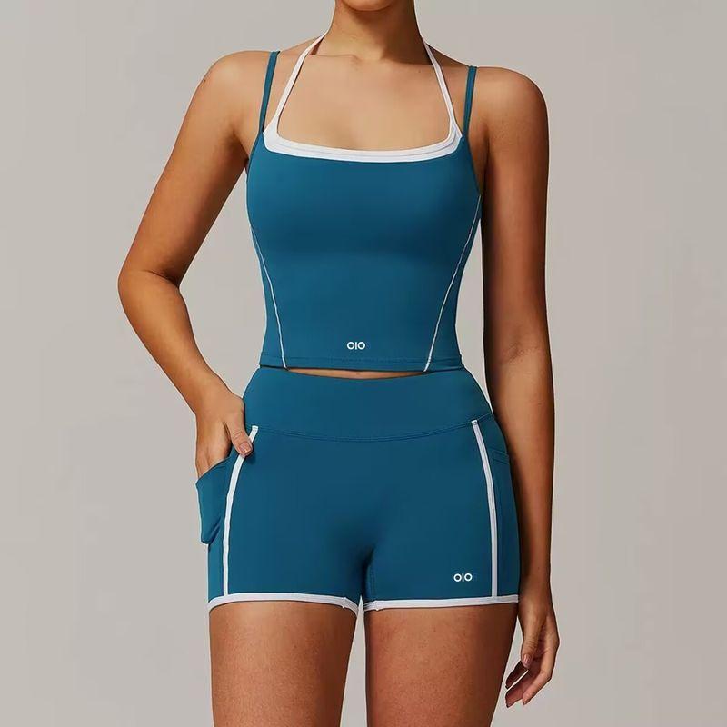 Aloiob Sports Vest Women Shockproof Fake Two Pieces Top Yoga Clothes Set High Intensity Fitness Three Points Short Pants