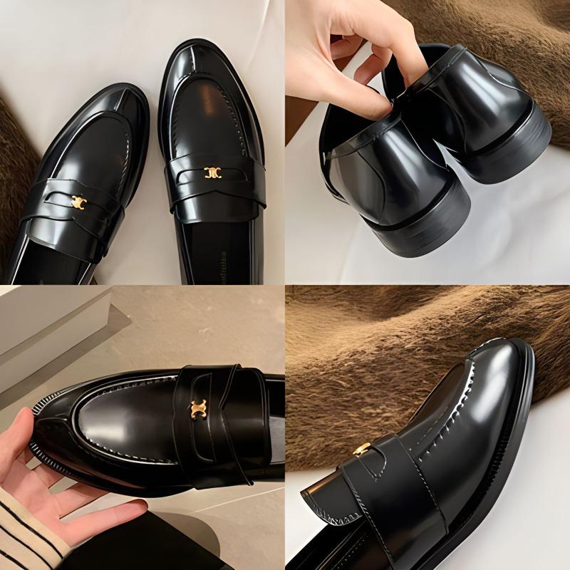 Koeienhuid versie~ Britse ronde neus gouden gesp lage hak dames kleine leren schoenen