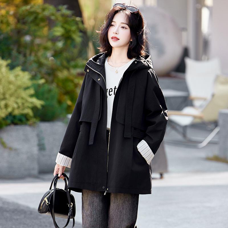 Spring new medium and long trench coat women's contrasting colors popular small hooded coat