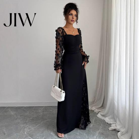 Einfarbiges Outfit Langarm-Kleid mit Blumenspitzenärmeln für Damen, Eckiger Ausschnitt Rüschen A-Linie Partykleid, Schmale Taille Maxi