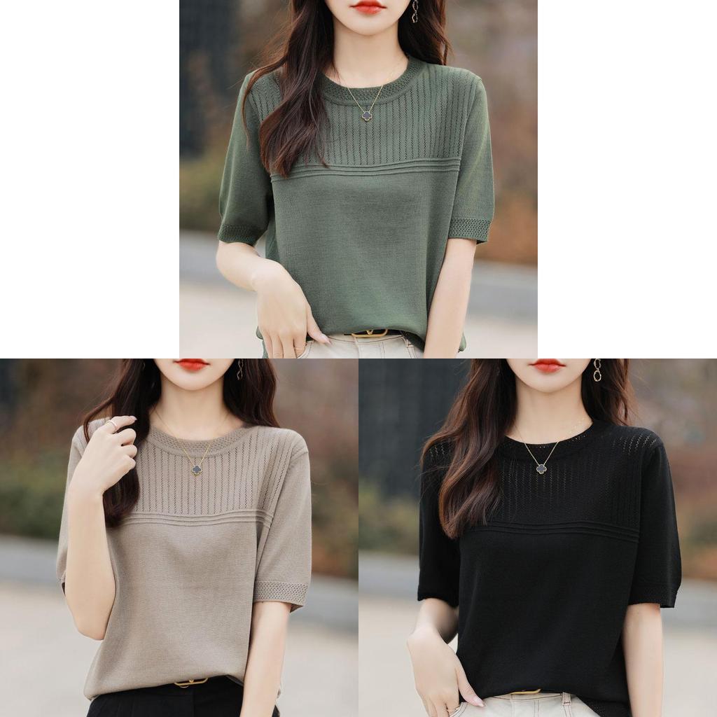 Ice Silk Short Sleeve T Shirt With Knitted Hollow Design For Summer Casual Women
