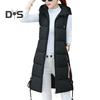 Fall Winter Cotton Vest Coat Mid Length Thickened Padded Sleeveless Zip Up Zipper Closure Drawstring Hooded Windproof Heat Retention Lady Waistcoat