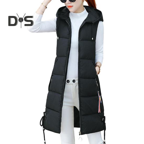 Fall Winter Cotton Vest Coat Mid Length Thickened Padded Sleeveless Zip Up Zipper Closure Drawstring Hooded Windproof Heat Retention Lady Waistcoat