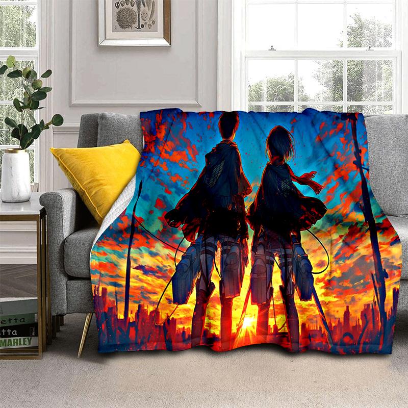 3D Cartoon Attack on Titan Eren Mikasa Anime Blanket,Soft Throw Blanket for Home Bedroom Bed Sofa Travel Picnic Cover Kids Gift