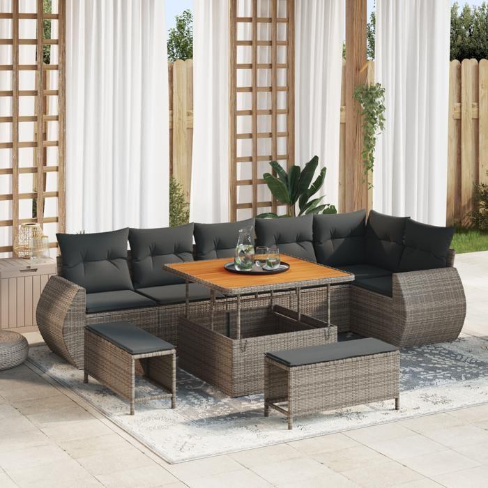 Ensemble de canapé de jardin 9 pièces avec coussins gris en Poly Rattan Acacia, Ensemble de salle à manger de jardin 3 3361888
