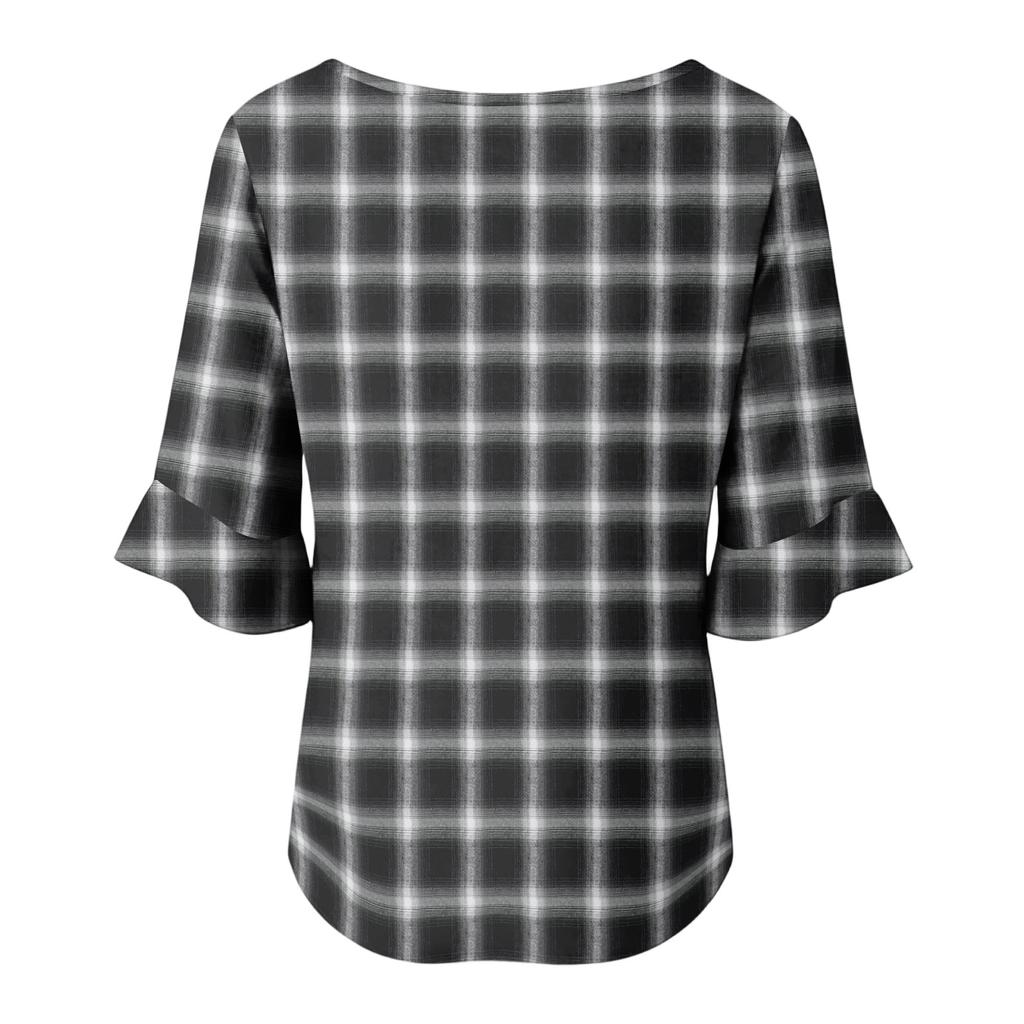 Camisas de Manga Larga para Mujer Casual a Cuadros Cuello en V Tops de Manga Larga para Mujer con Botón Tops de Manga Larga para Mujer