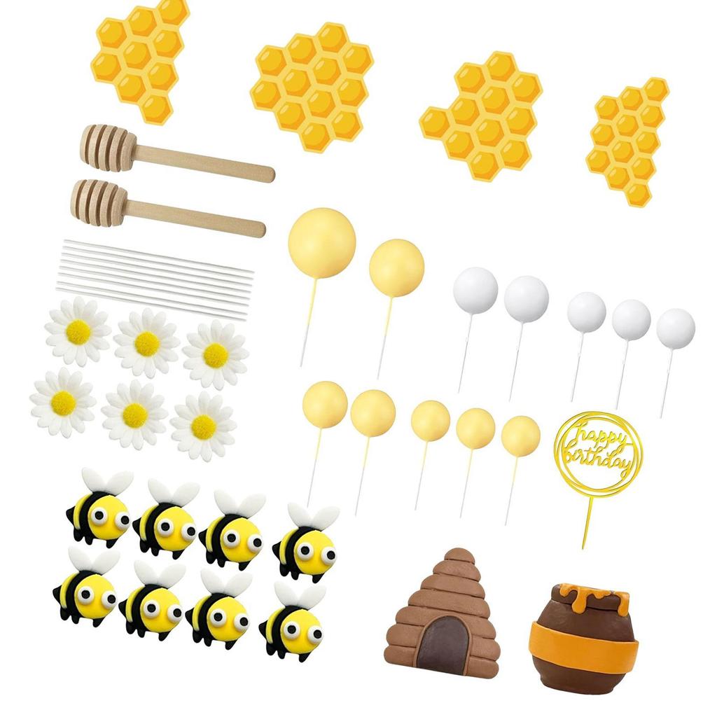 Birthday Cake Topper Bee Theme Multicolor Clay Honeycomb Daisy Ball Insert Decorations for Children's Party
