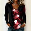 Women's Halloween Printed V Neck Long Sleeve Pullover Top Casual Lightweight Stretchy Shirt for Fall Seasonal Wear