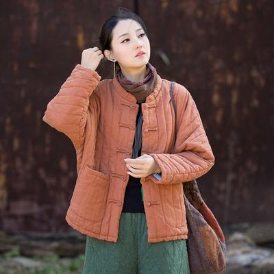 Women Vintage Winter Solid Color Stand Long Sleeve Button Chinese Style Pockets Coats
