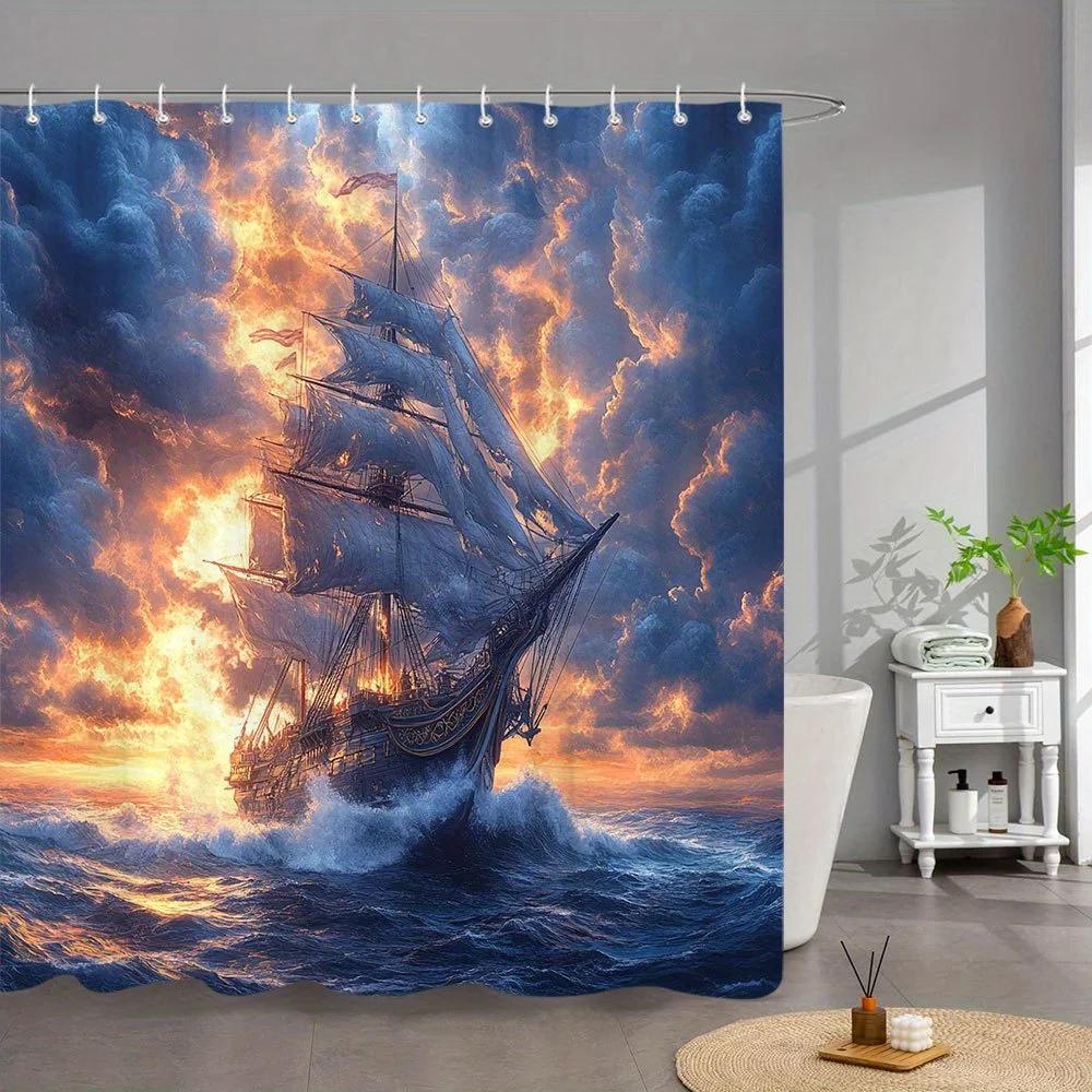 1pc Sunset Sailing Shower Curtain - Three-Masted Ship at Golden Hour with Dramatic Pink Purple Clouds & Turbulent Waves