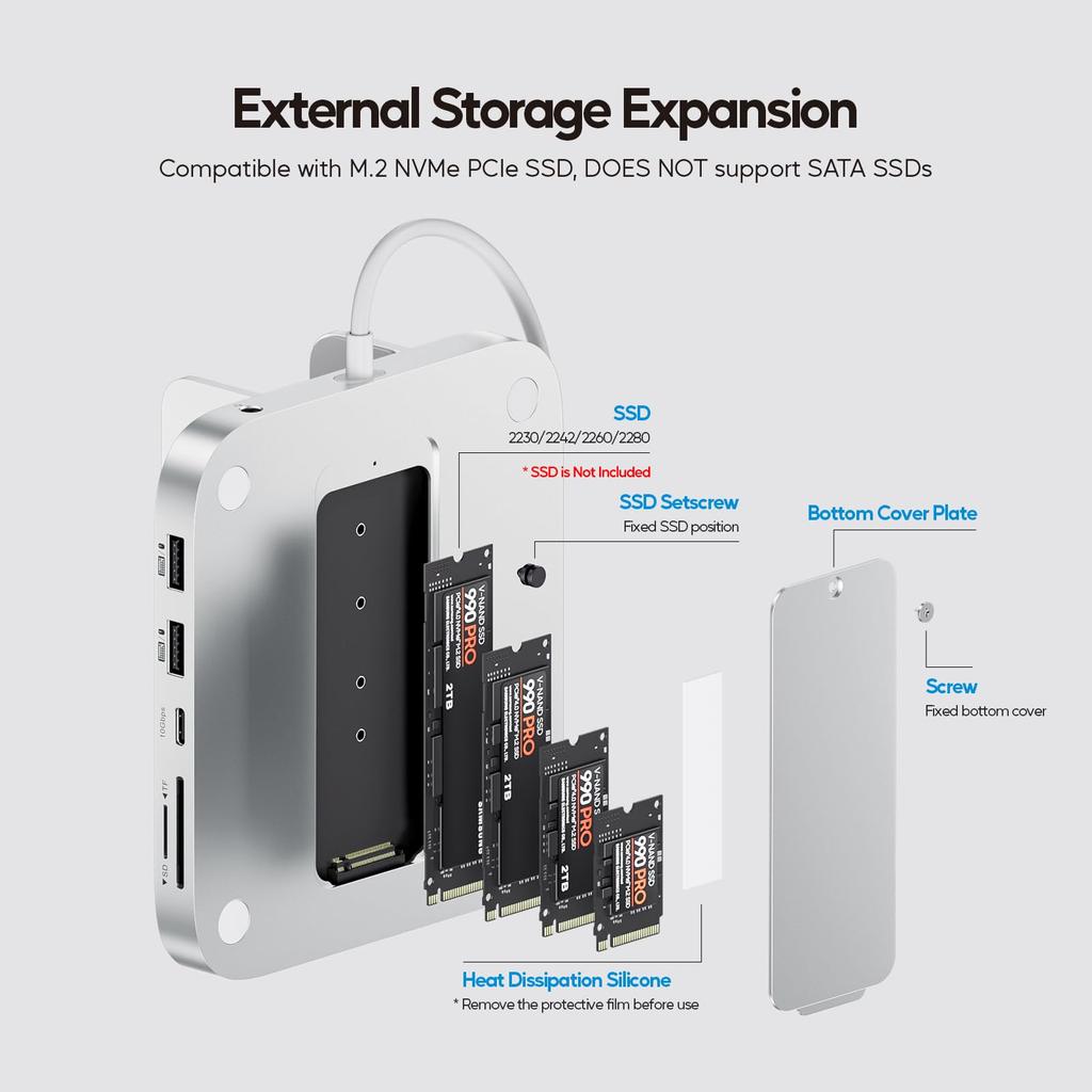 PULWTOP 8 in 1 USB C Hub for Mac Mini Pro 2024 Stand Vertical 1 x Gen 2 2 x 1 x Audio 1 x Card Capacity Expansion with PCIe SSD Slot Not M4/M4