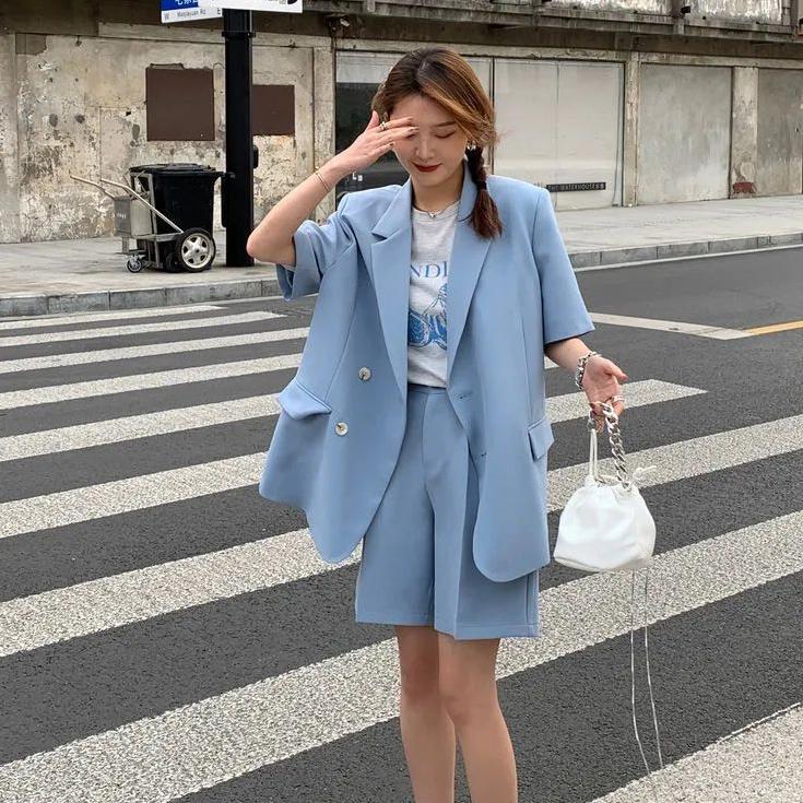 Kurzärmliger Blazer Zweiteiliges Set Mantel+Shorts Dünn Lässig Locker Damenanzüge Pendeln Einfarbig Frühling und Sommer XXL blau