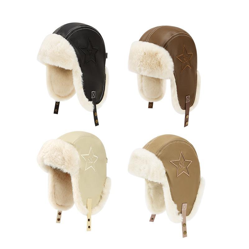 Vintage star leather, velvet, thickened warm and cold ear protector, ski riding cap.