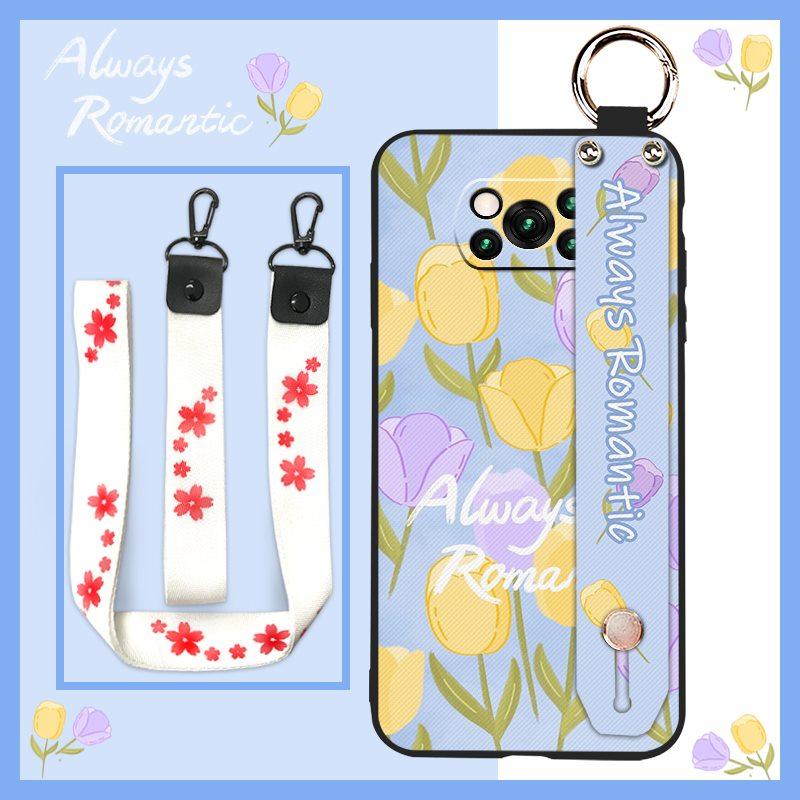Anti-knock Protective Phone Case For Xiaomi Poco X3 NFC/X3 Pro Durable Oil Painting Phone Holder Wrist Strap Flower Ring