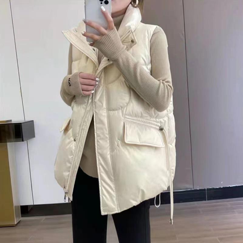 Autumn Winter Women`s Down Cotton Vest Fashion Stand Collar Bright Sleeveless Padded Coat Casual Trend Women Vest Jacket