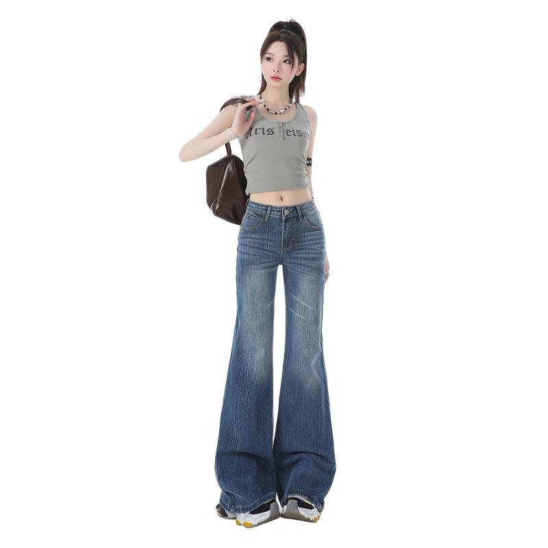 Retro Blue Low-rise Slightly Pulled Jeans Women's Summer New American Style Non-stick Leg Elastic Thin Flared Pants