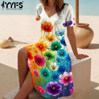 Women's Fashion Summer Spring Flower Pattern Print Short Sleeve V-Neck Loose Waistline Casual Dresses