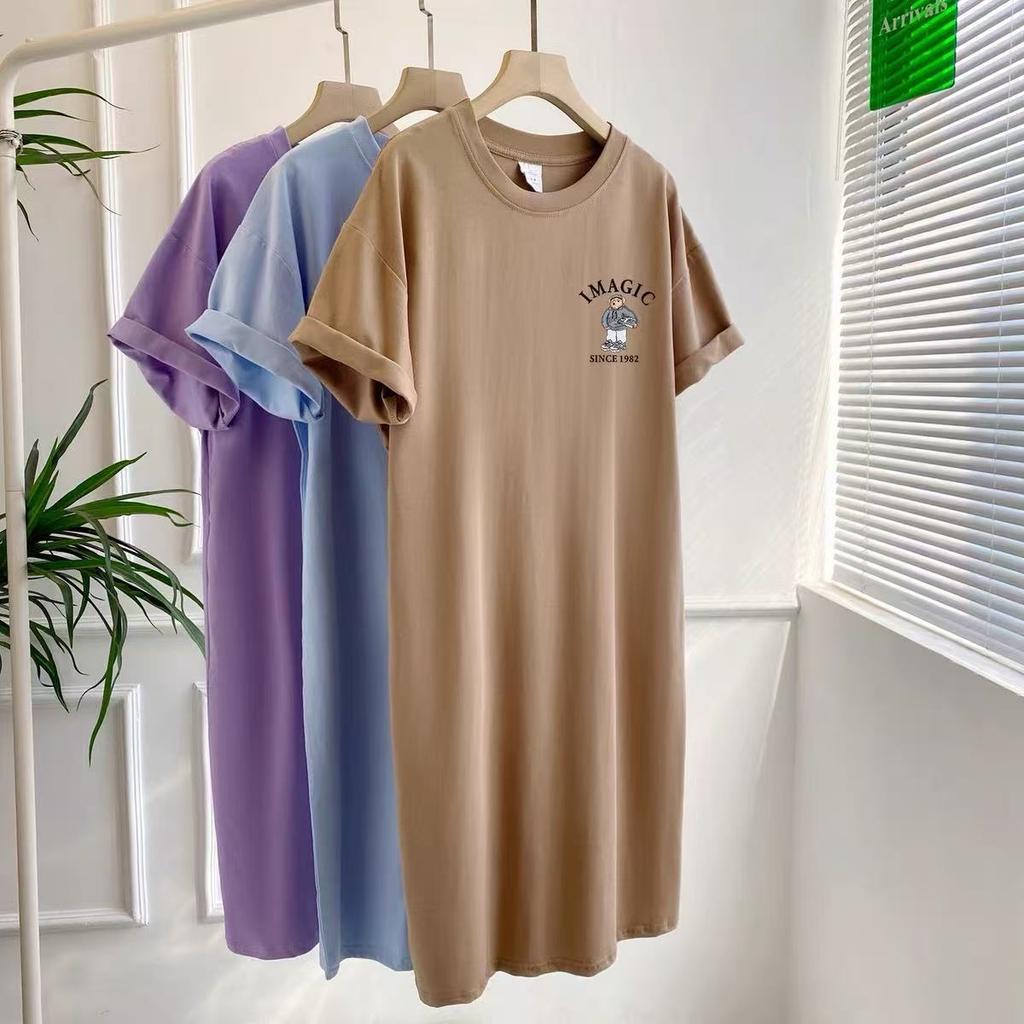 28/5000 Summer New Style Summer Short-sleeved T-shirt Dress, Korean Style Loose Large-sized Slit Over-the-knee Long Dress for Women