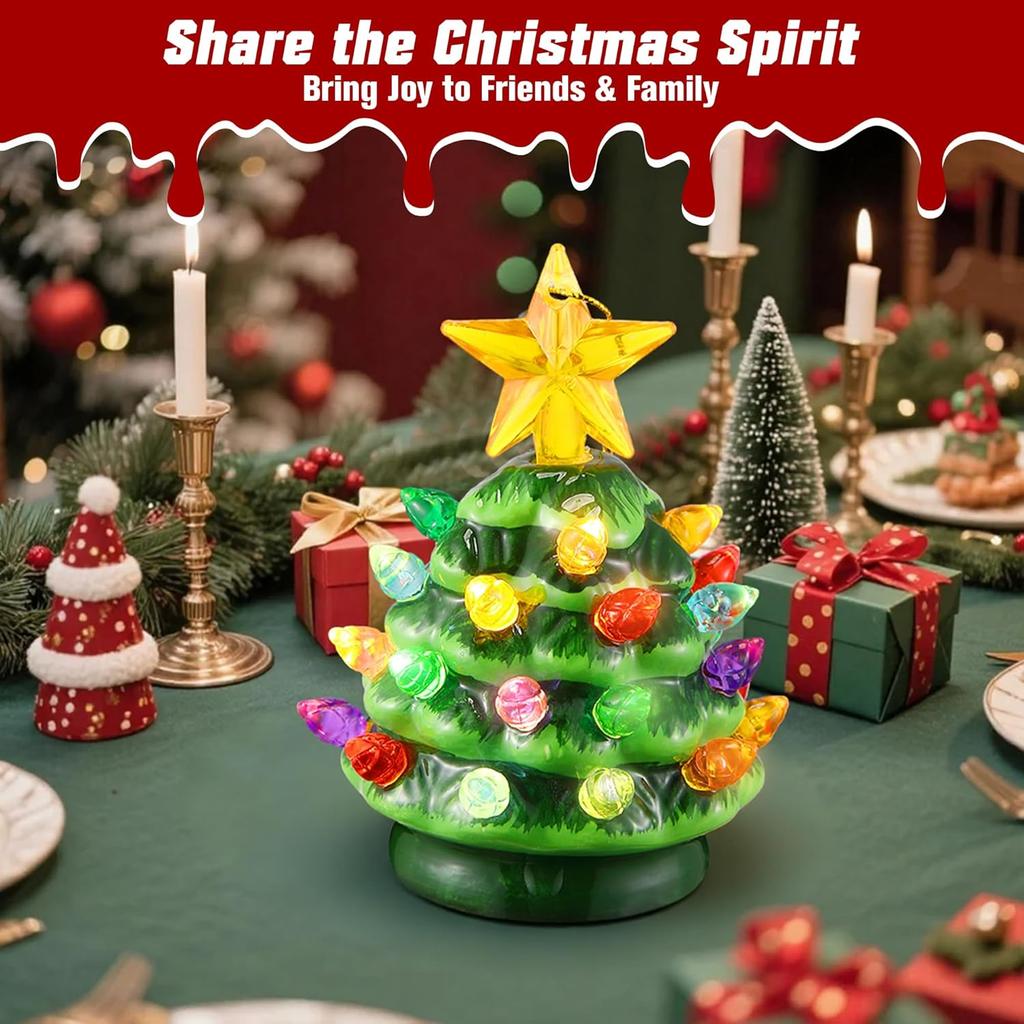 Mini LED Ceramic Christmas Tree, 3.5' Green Vintage Ornament with Lights & Stars for Tabletop or Mantel Decor