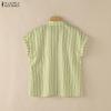 ZANZEA Women Casual Turn Down Collar Loose Short Sleeve Stripe Blouse