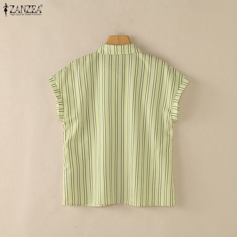 ZANZEA Women Casual Turn Down Collar Loose Short Sleeve Stripe Blouse
