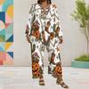 Women Plus Size Round Neck Long Sleeve Printed Layered Top Wide Leg Cropped Pants Two Piece Set