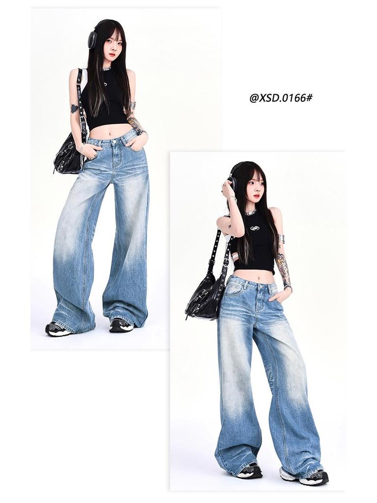 Women's 2024 Retro Low-Rise Wide-Leg Creased Distressed Jeans