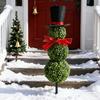 Christmas Snowman Topiary Artificial Snowman Shaped Topiary Tree with Bow And Hat Outdoor Boxwood Topiary with Stake for Home Porch Decor