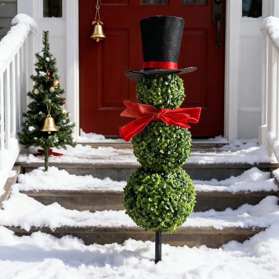 Christmas Snowman Topiary Artificial Snowman Shaped Topiary Tree with Bow And Hat Outdoor Boxwood Topiary with Stake for Home Porch Decor