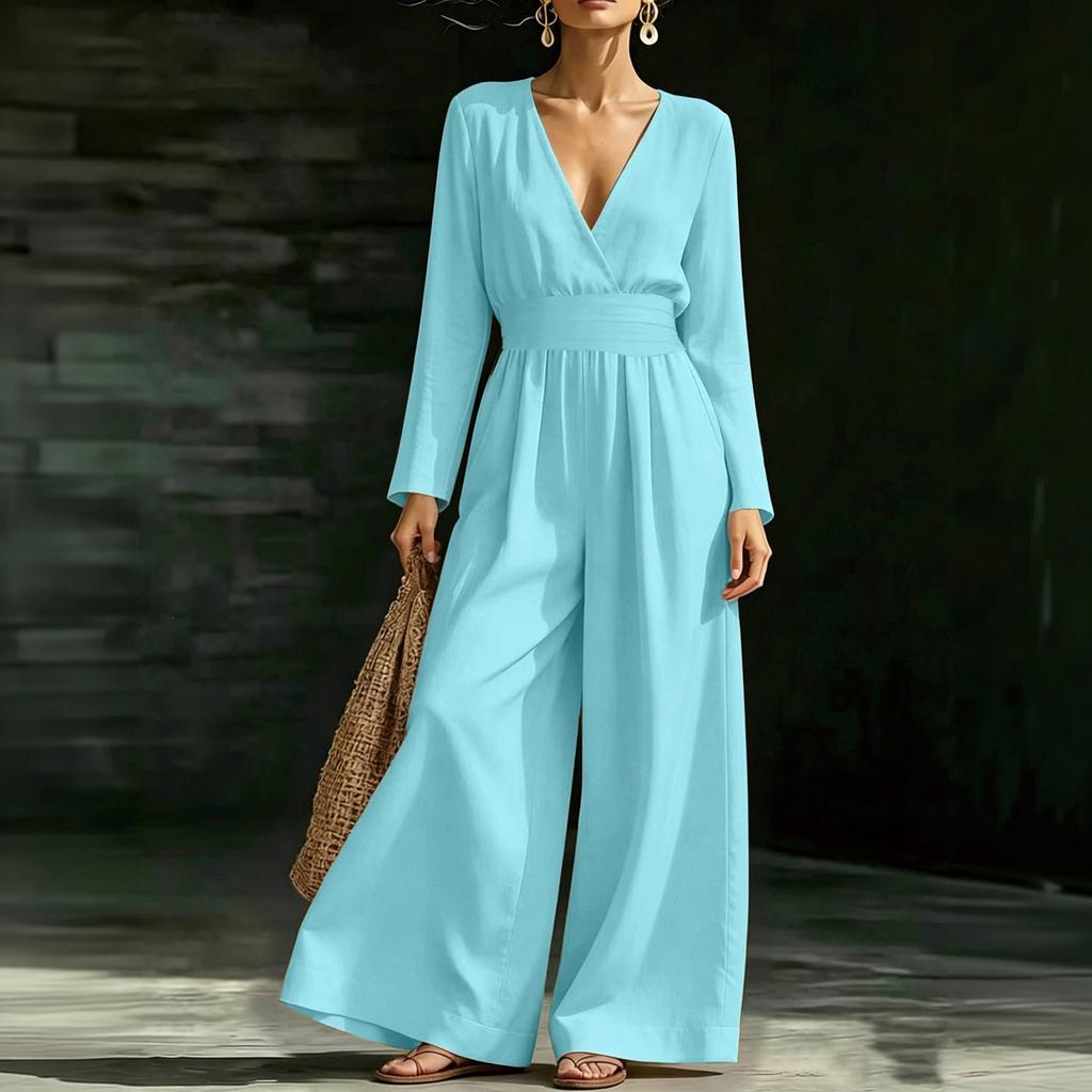 Damen V-Ausschnitt Taillenbetonender Langarm-Jumpsuit, Farbe, Elegant für Arbeit und Abend