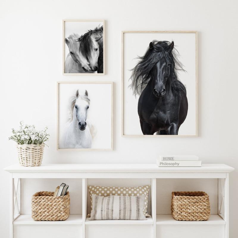 Černobílý portrét koně Plakátový tisk Plátno Malba Běžící koně Zvířecí nástěnné umění Obrázek pro pokoj na statku Domácí dekorace
