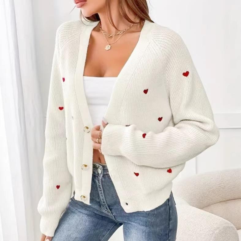 Love embroidered knitted sweater jacket, European, American autumn and winter single-breasted V-neck sweater cardigan for women