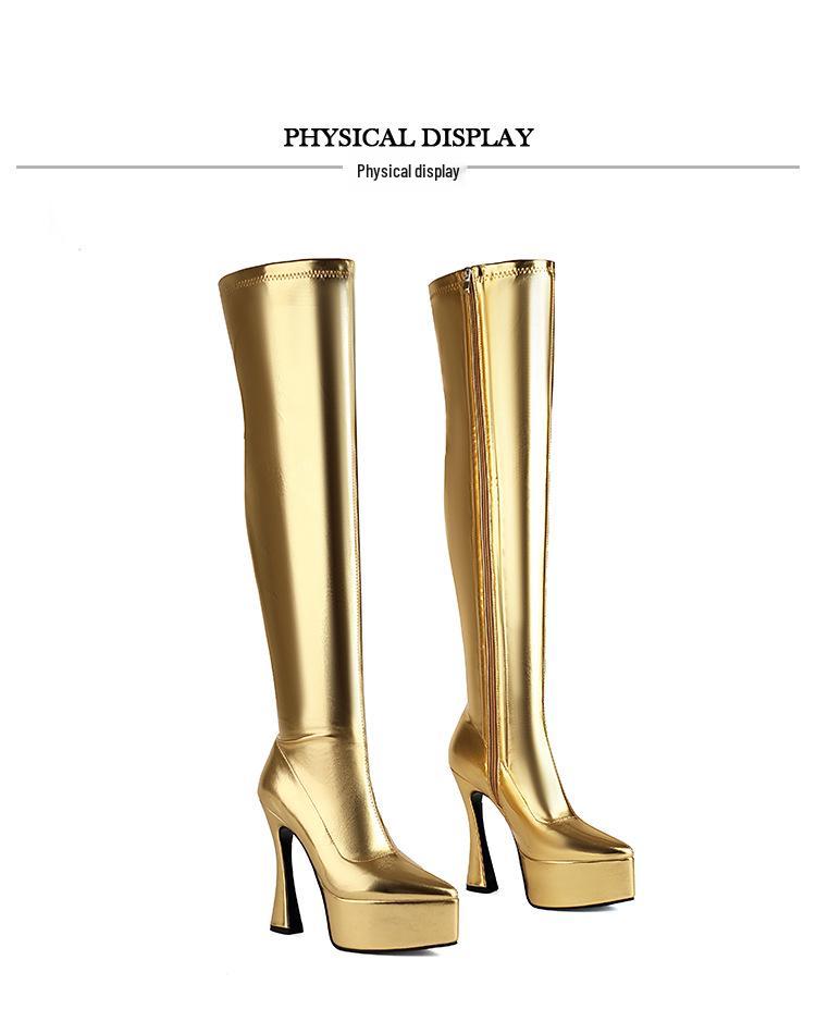 Women's Stretchy Slimming Gold/Silver Super High Heel Platform Over-the-Knee Boots for Runway Show