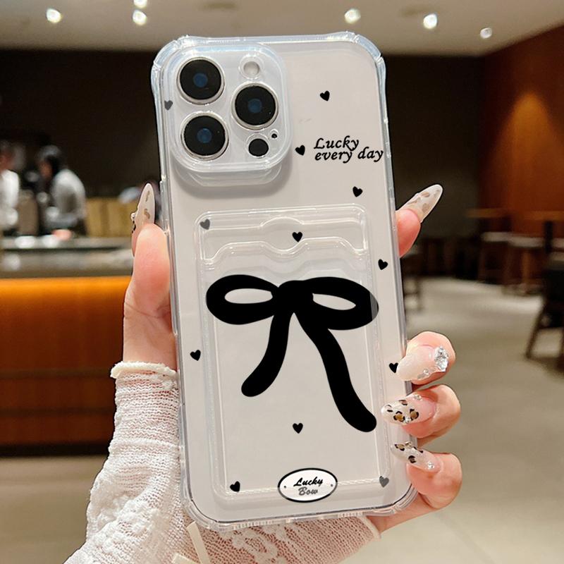 Colorful Bowknot Pattern Card Slot Phone Case for iPhone 16 Pro 15 14 13 12 Pro Max 11 Shockproof Transparent Soft Tpu Lens Protection Slim Cover