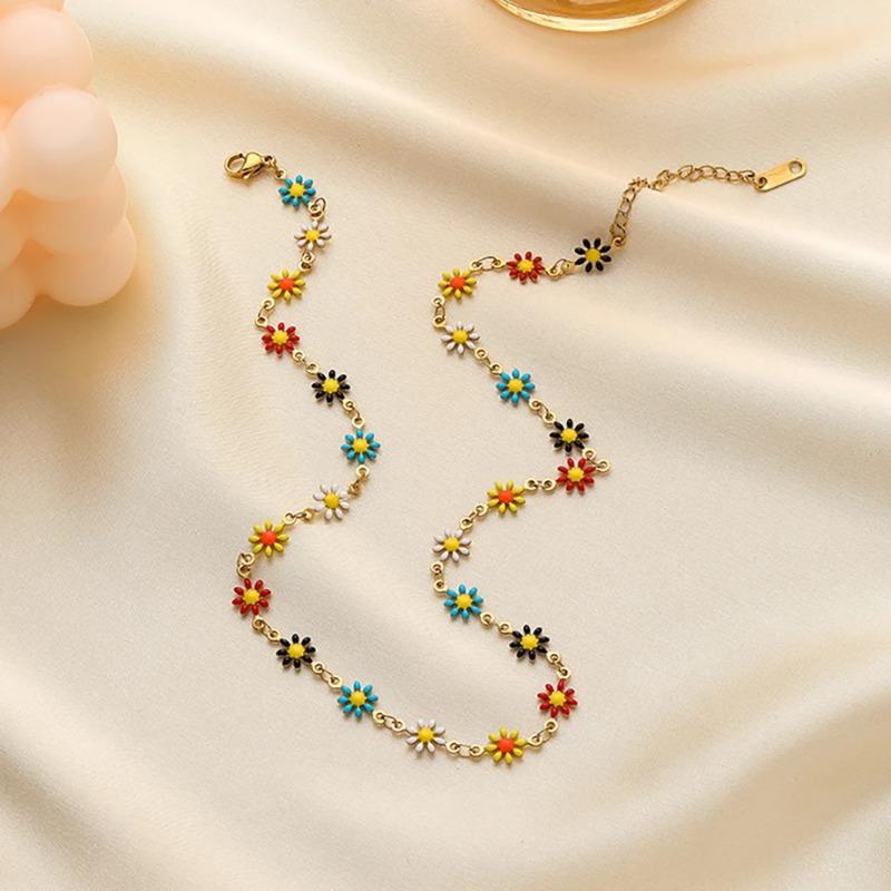 Stainless Steel Daisy Flower Bracelet Necklace for Women Girl Candy Color Sunflower Waterproof Non Fading Jewelry