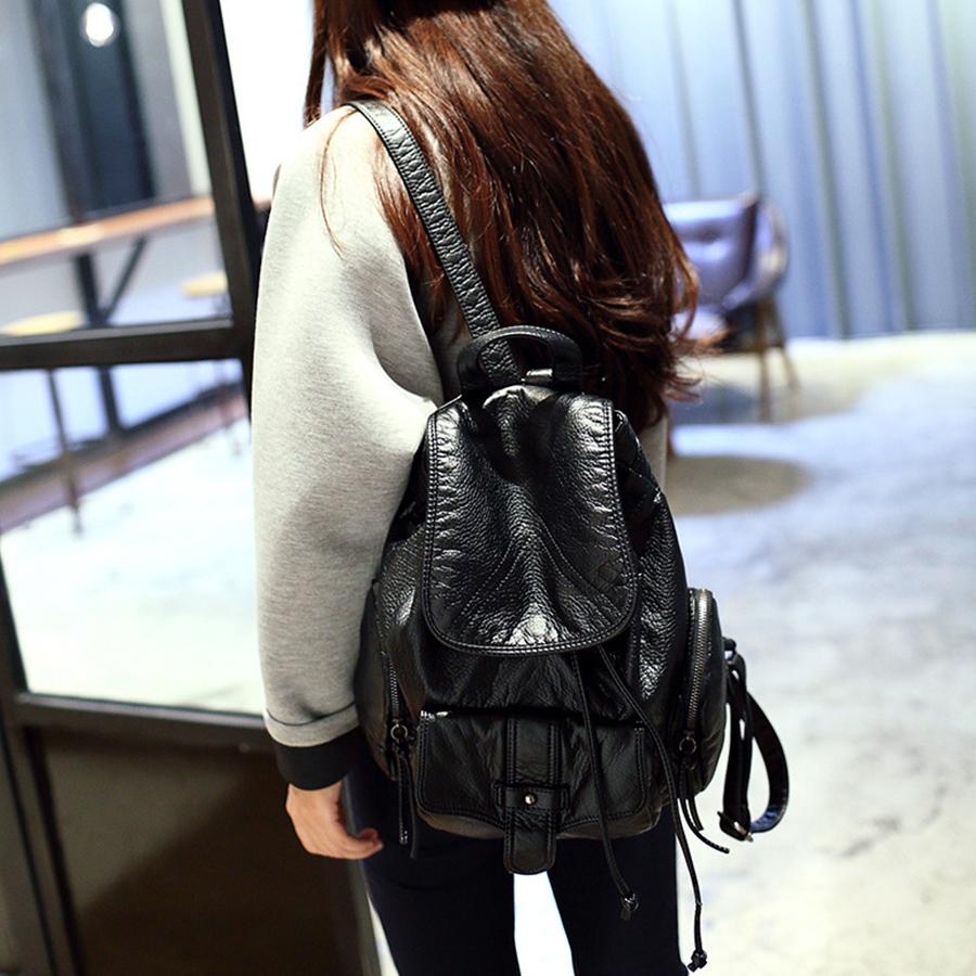 Soft Leather Women Backpack Large Travel Shoulder Bag Female Daypack Black Flip-Top Bagpack Laptop School Bag for Teenage Girls