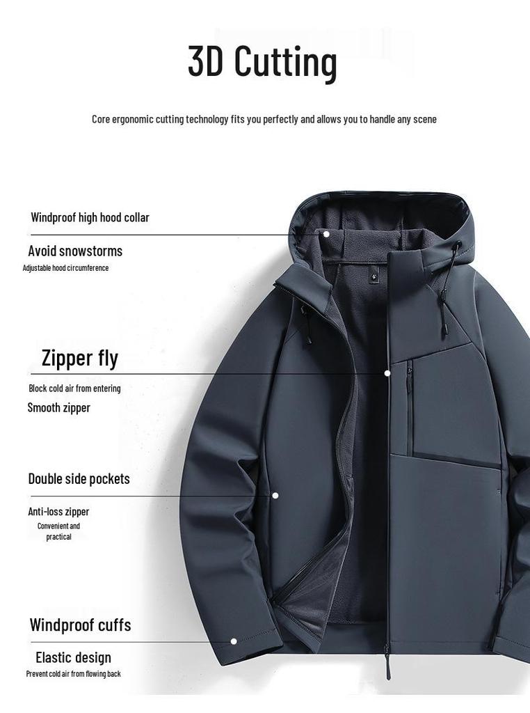 Winter Hooded Waterproof Softshell Jacket: Velvet-Lined Couples' Outdoor Sportswear for Men and Women