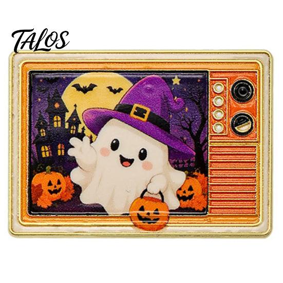Holiday Costume Accessory Retro TV Brooch for Halloween, Pumpkin Ghost Black Cat Crow Halloween Party Badge, Lapel Pin Sweaters Jackets Scarves