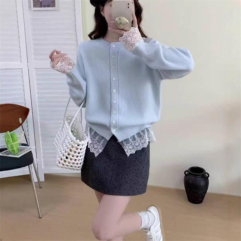Autumn New Knitted Sweater Fashionable Versatile Splicing Lace Top Lace-up Design Cardigan Jacket Women