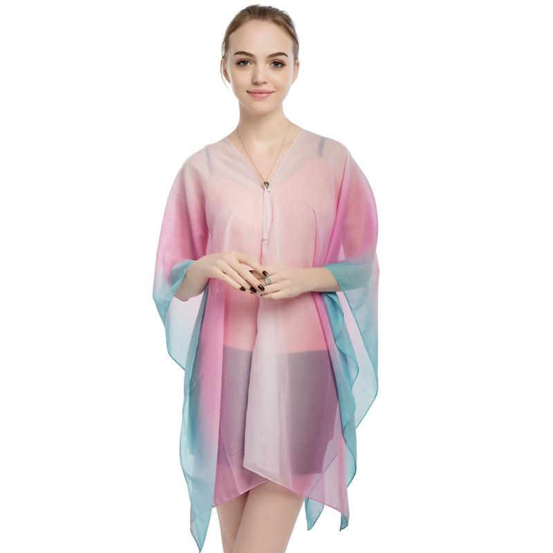 

New Chiffon Pearl Button Women s Pullover Cape with Printed Color Stripes for Summer Sun Protection Shawl 148*96CM