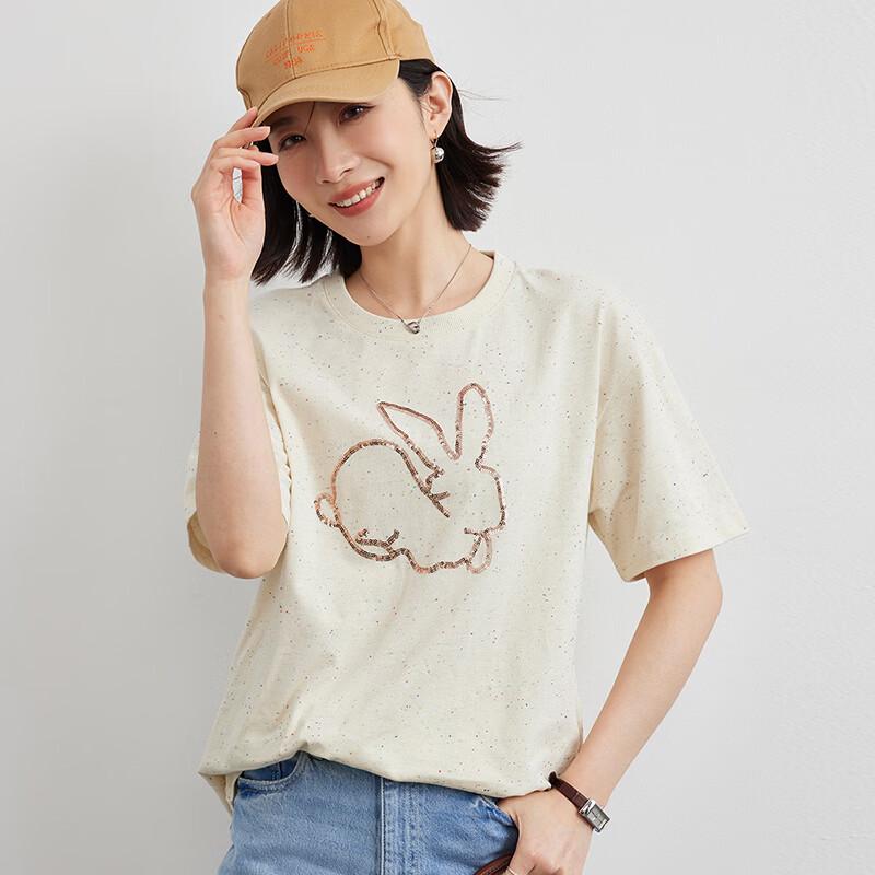 Wudao Women s 100% Cotton Cartoon Print Casual T-Shirt L грязно-белый