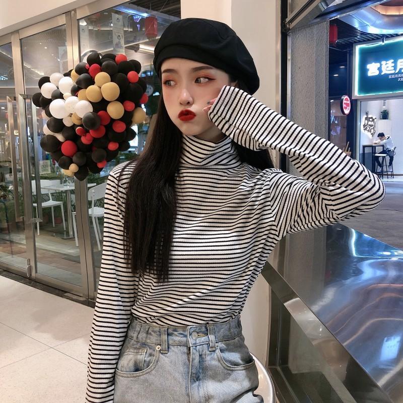 Women Striped Turtleneck Long Sleeve Base Layer Top Slim Fit Pullover Undershirt Autumn Winter