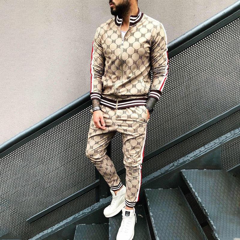 Men's Tracksuit 3D Plaid Printed Sports Casual Set Fashion British Style Gentleman Jacket Tether Trousers 2-piece Suit
