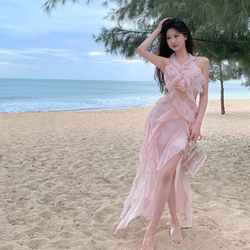 

Pink super fairy lotus leaf edge seaside vacation dress pure desire sexy neck halter split suspender skirt women s long dress L