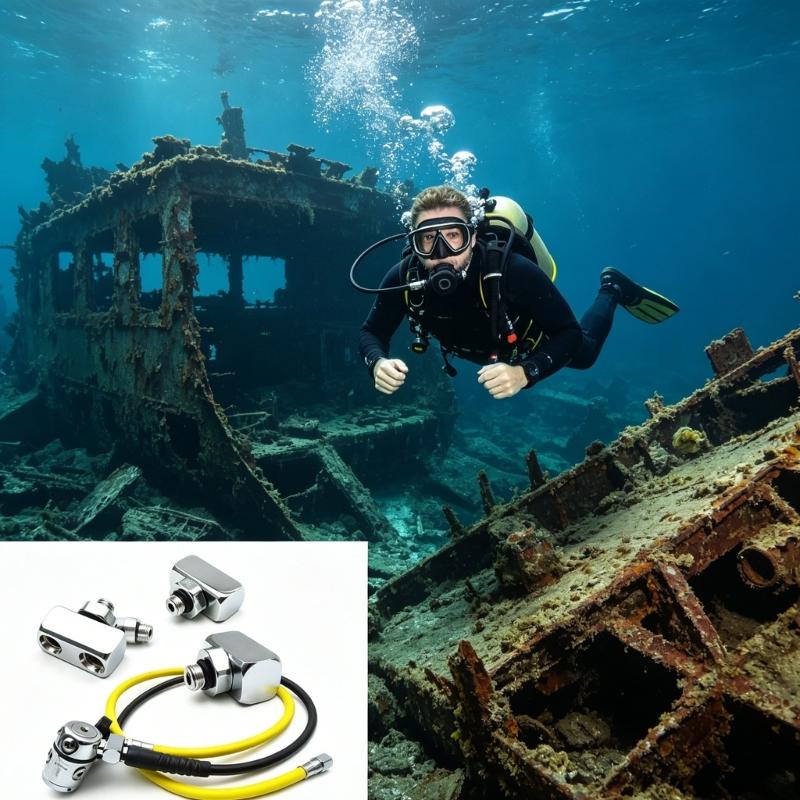 Diving Equipment Hose Connector with Threaded End , O-Rings Seal and Compacts Body for Drysuit Use and Gear Checks