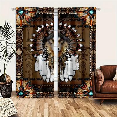 2PCS Rideaux Attrape-rêves Imprimé Loup, Rideaux Translucides Intérieurs Et Extérieurs Protecteurs D'intimité Pour Chambre À Coucher Salon