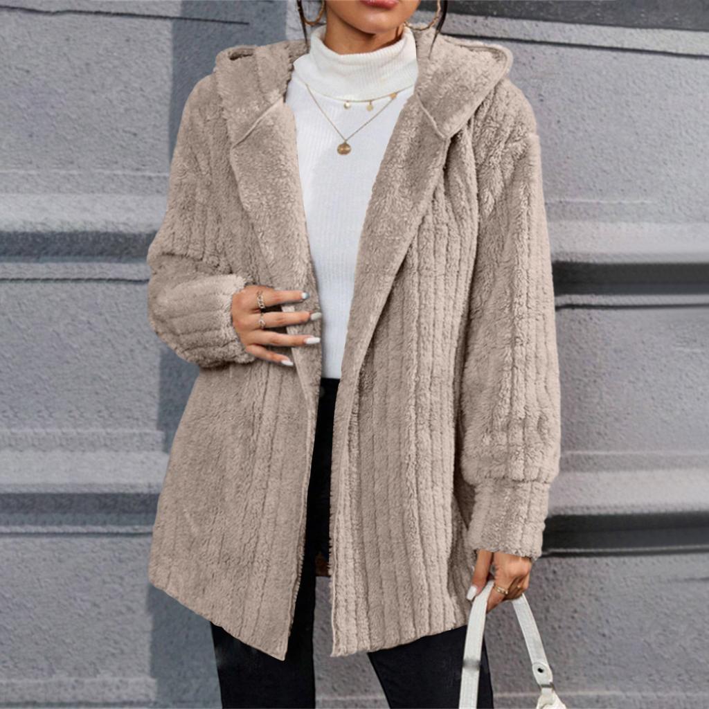 Damenmode Lässig Warm Vertikal Gestreift Doppelseitiges Fleece Kapuzen-Cardigan Jacke