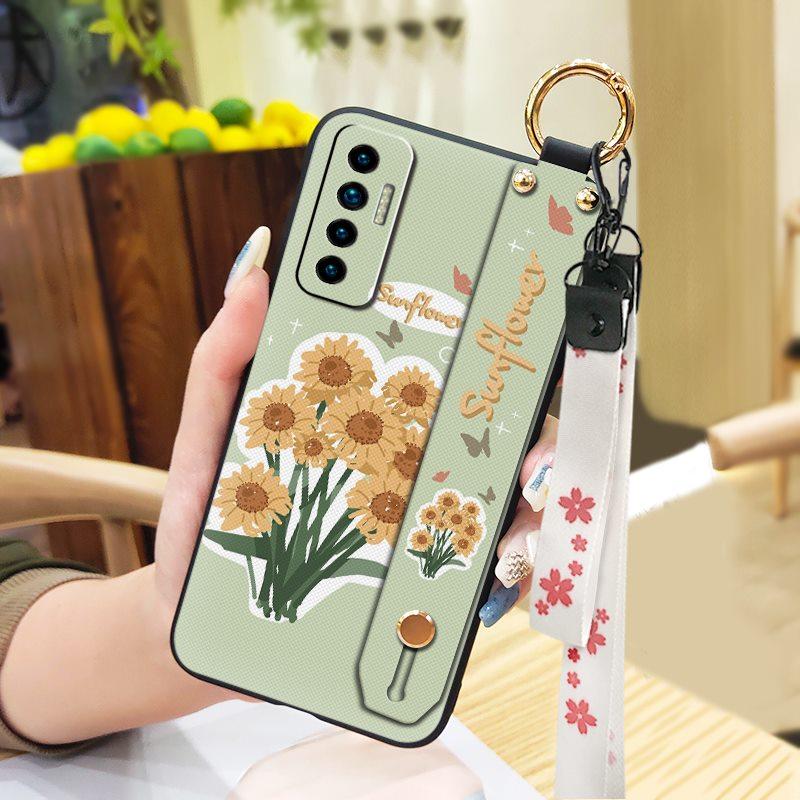 Durable Ring Phone Case For Tecno Camon17P Phone Holder Silicone Waterproof Dirt-resistant Flower Oil Painting Lanyard
