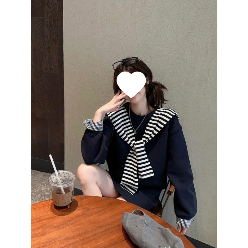 

Комплект из двух частей в корейском стиле с цветными блоками: Полосатая шаль, толстовка с длинным рукавом и миди-юбка на кулиске с высокой талией для начала осени S