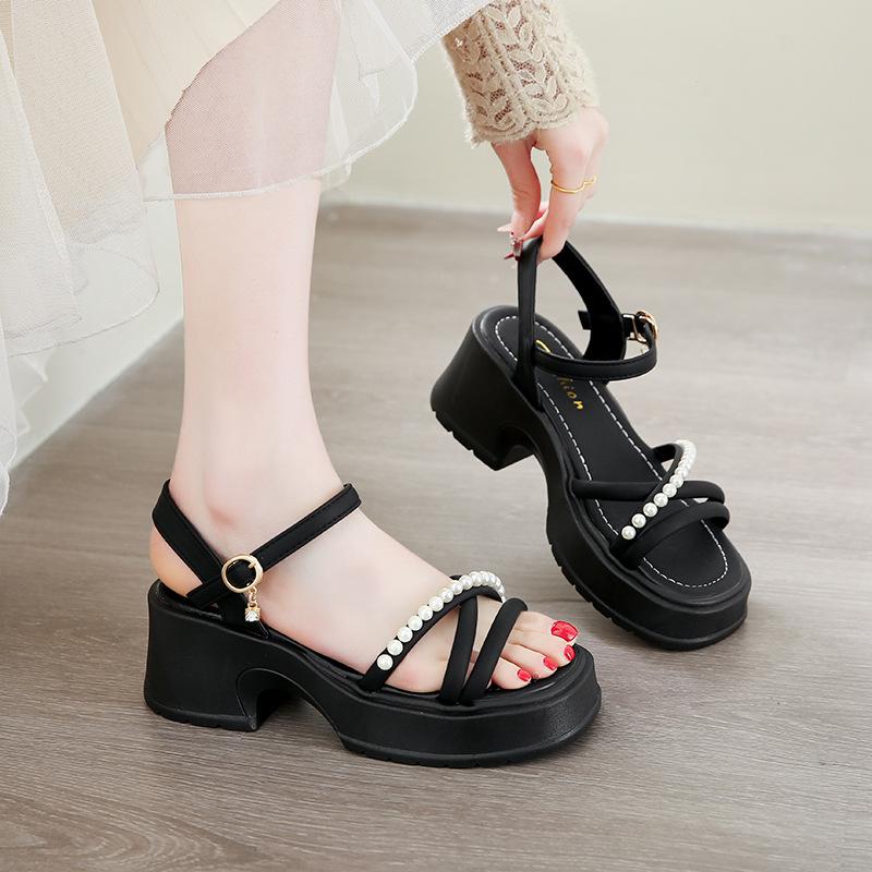 Pearl platform sandals women wear 2025 summer new fairy wind open toe one-word button Roman high-heeled sandals women